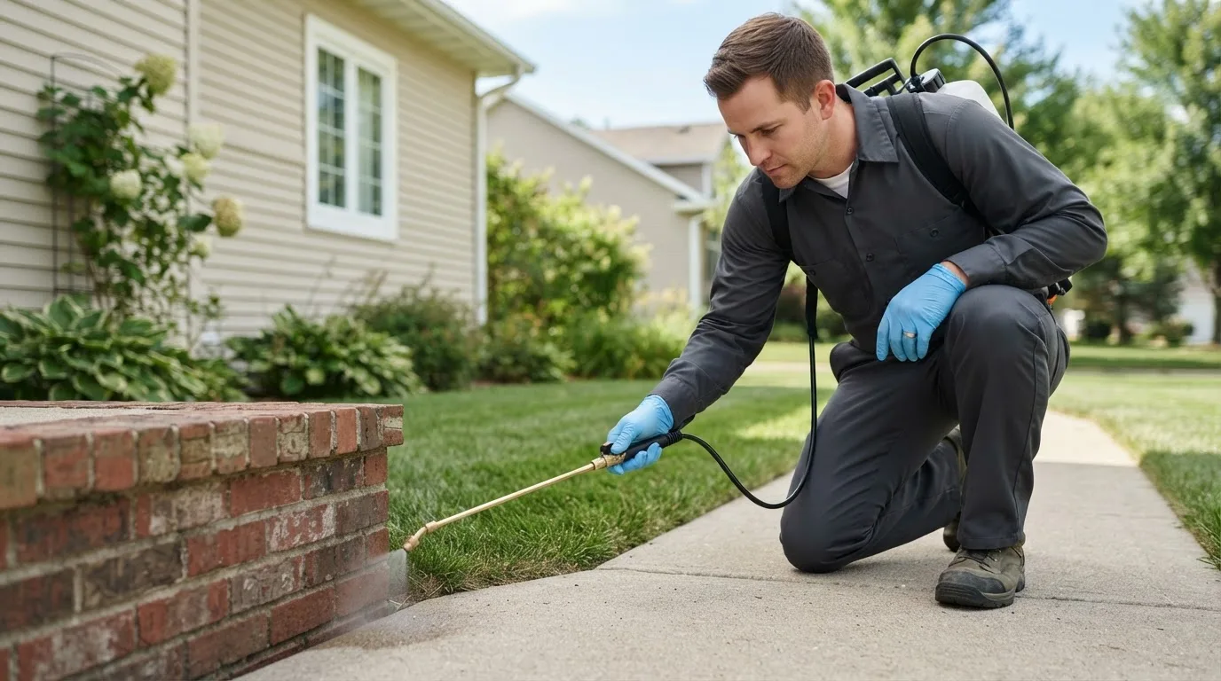 Pest control technician treating a home near Emery, UT